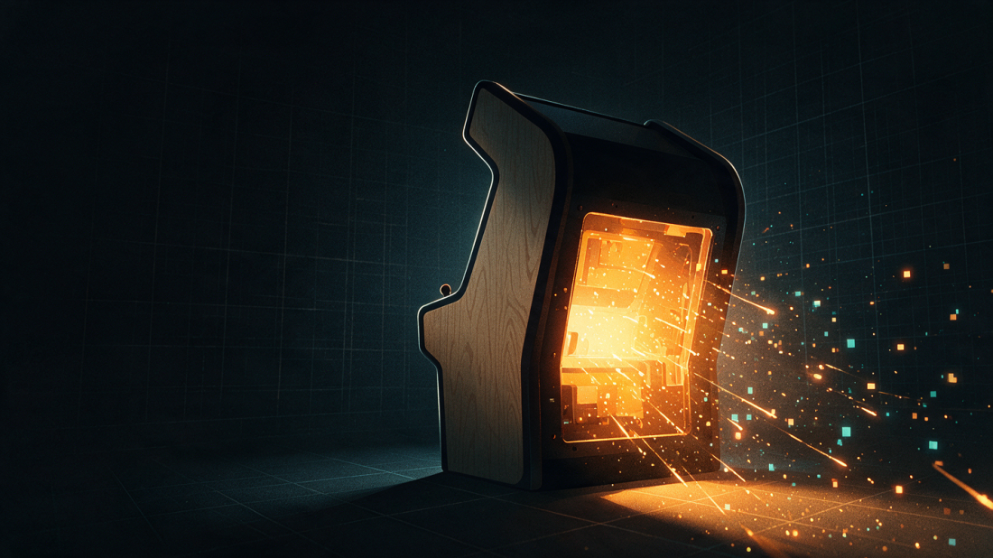 An arcade cabinet with its back open, spilling light and particles instead of wires.
