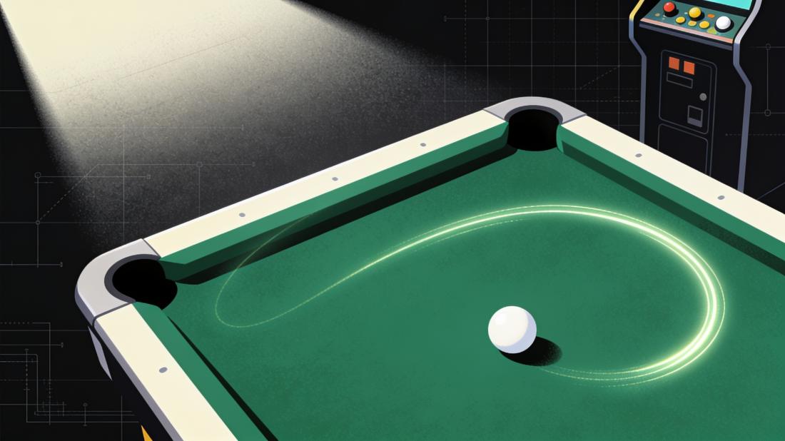 A cue ball leaves an endless glowing trail across a dark pool table.