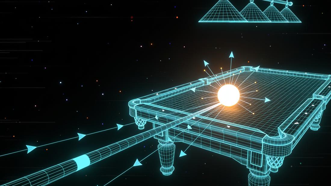 A wireframe pool table with one solid glowing ball surrounded by measurement vectors.