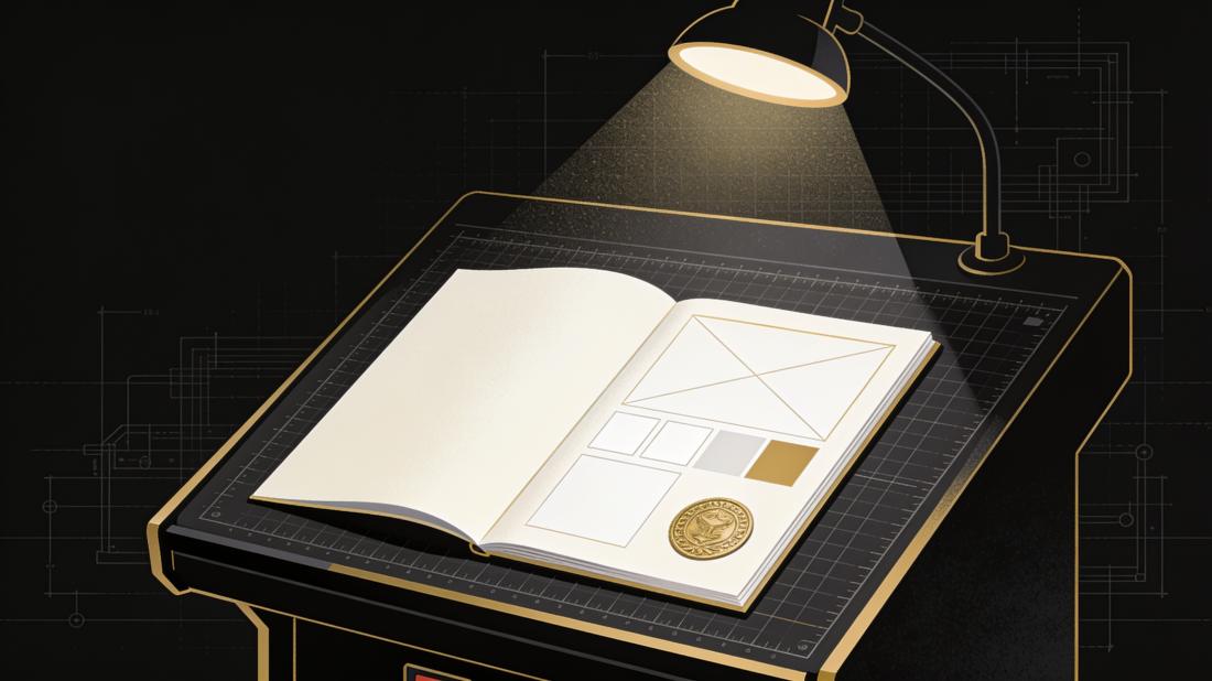 An immaculate brand manual open under a spotlight on a dark desk.
