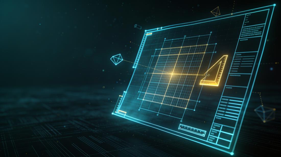 A page of geometric design rules assembling itself from glowing shapes.