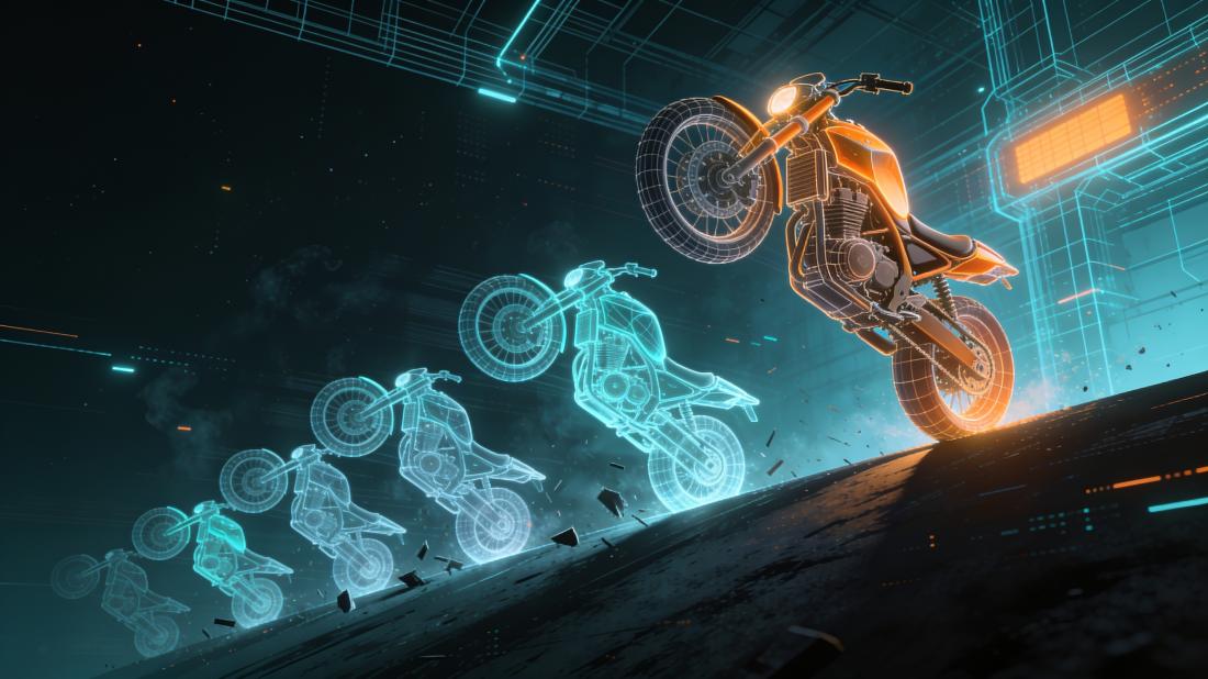 Five ghostly crashed wireframe bikes behind one solid bike balancing a wheelie.
