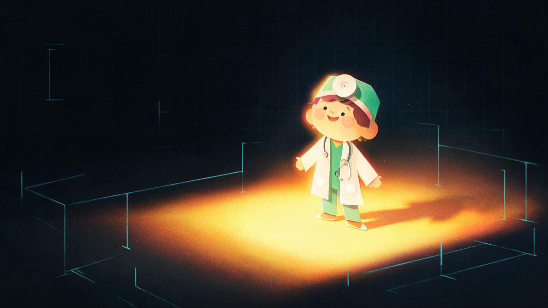 A warm paper-doll figure in a spotlight ringed by cold measurement brackets.