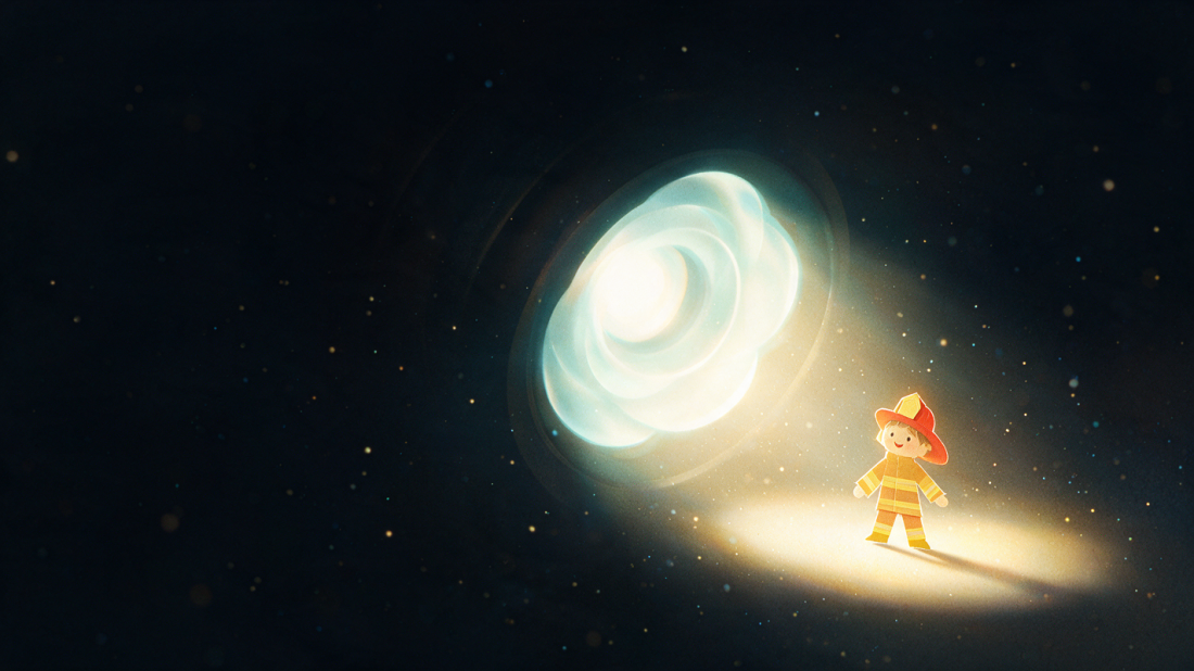 A camera-like eye opens in the dark, illuminating a small bright paper doll.