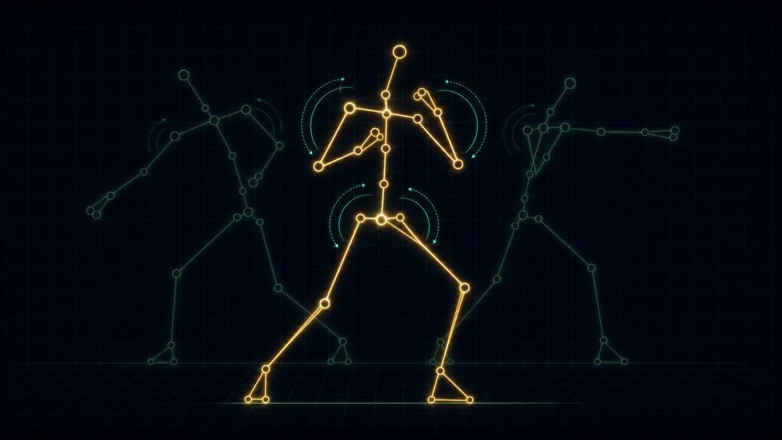 Schematic of a humanoid fighter rig: bones as segments, joints as circles, with ghosted stance frames and rotation arcs at the shoulder and hip.