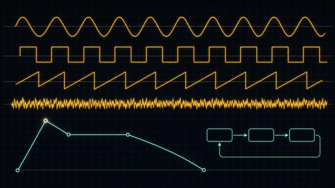 Oscilloscope traces of sine, square, sawtooth and noise above an amplitude envelope, beside a three-stage signal-flow chain with a feedback path.
