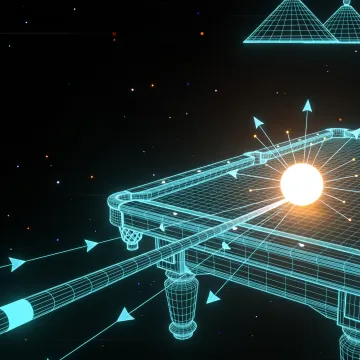 A wireframe pool table with one solid glowing ball surrounded by measurement vectors.