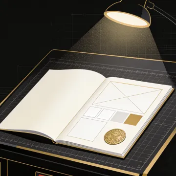 An immaculate brand manual open under a spotlight on a dark desk.