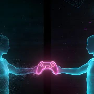 A dissolving figure hands a glowing controller to its solid twin across a gap.