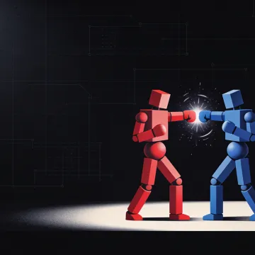 Two geometric fighters frozen at the instant of impact.