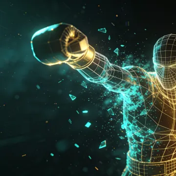 A wireframe fighter half-dissolved into fragments, mid-uppercut.