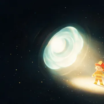 A camera-like eye opens in the dark, illuminating a small bright paper doll.
